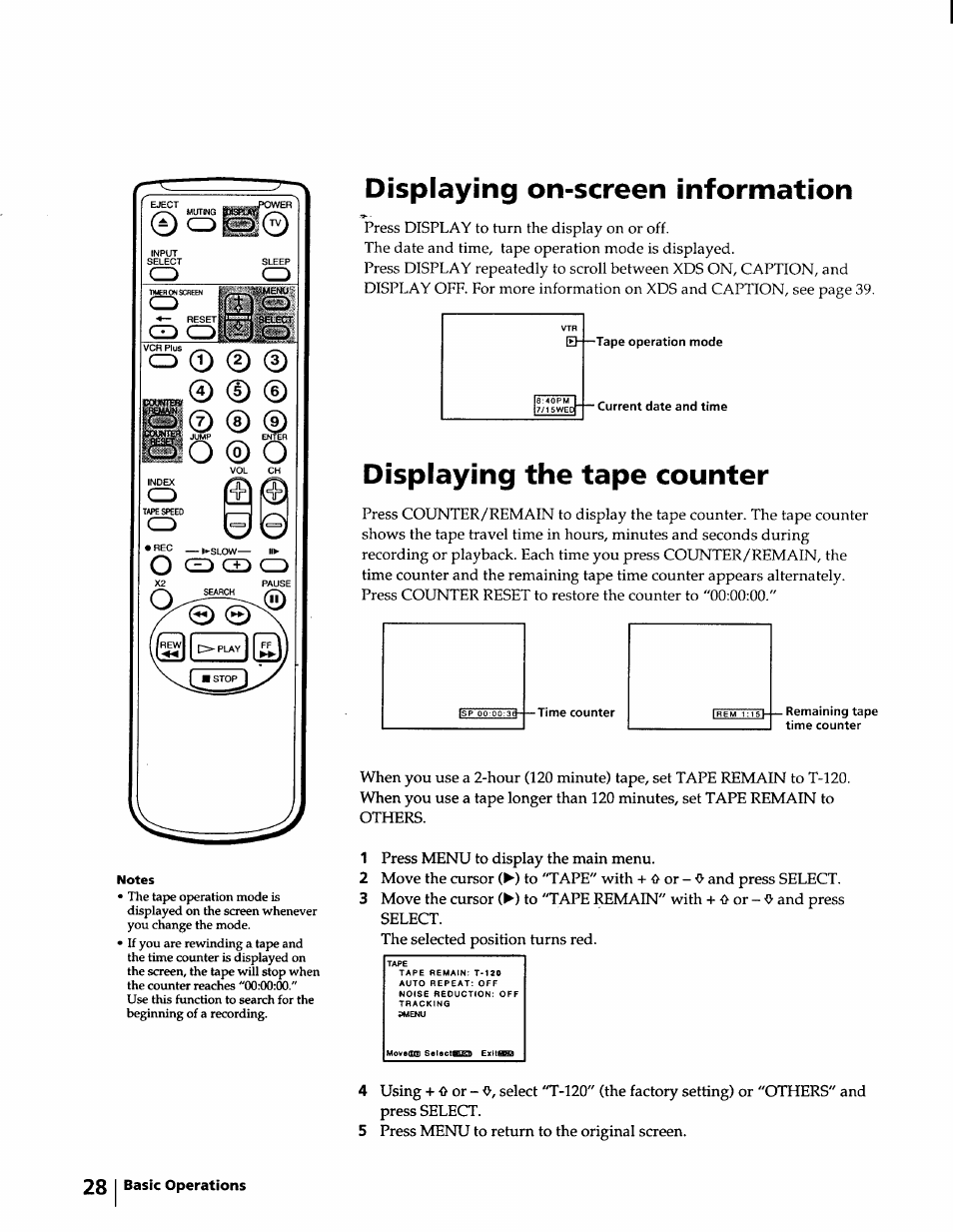 Displaying on-screen information, Displaying the tape counter, O © o | O q cd q | Sony KV-20VM40 User Manual | Page 28 / 52
