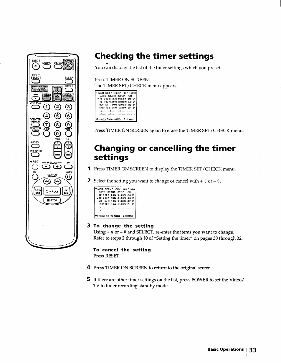 Checking the timer settings, Changing or cancelling the timer settings | Sony KV-20VM40 User Manual | Page 33 / 52