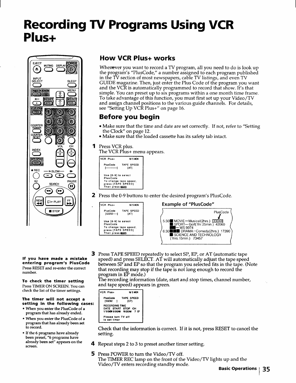 Recording tv programs using vcr plus, How vcr plus+ works, Before you begin | S o ® , o | Sony KV-20VM40 User Manual | Page 35 / 52