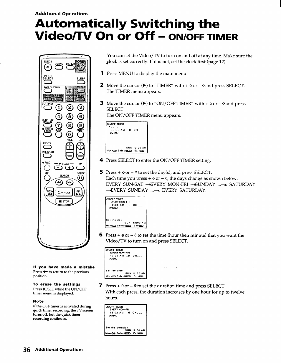 Automatically switching the video/tv on or off, Timer, Additional operations | 36 i | Sony KV-20VM40 User Manual | Page 36 / 52