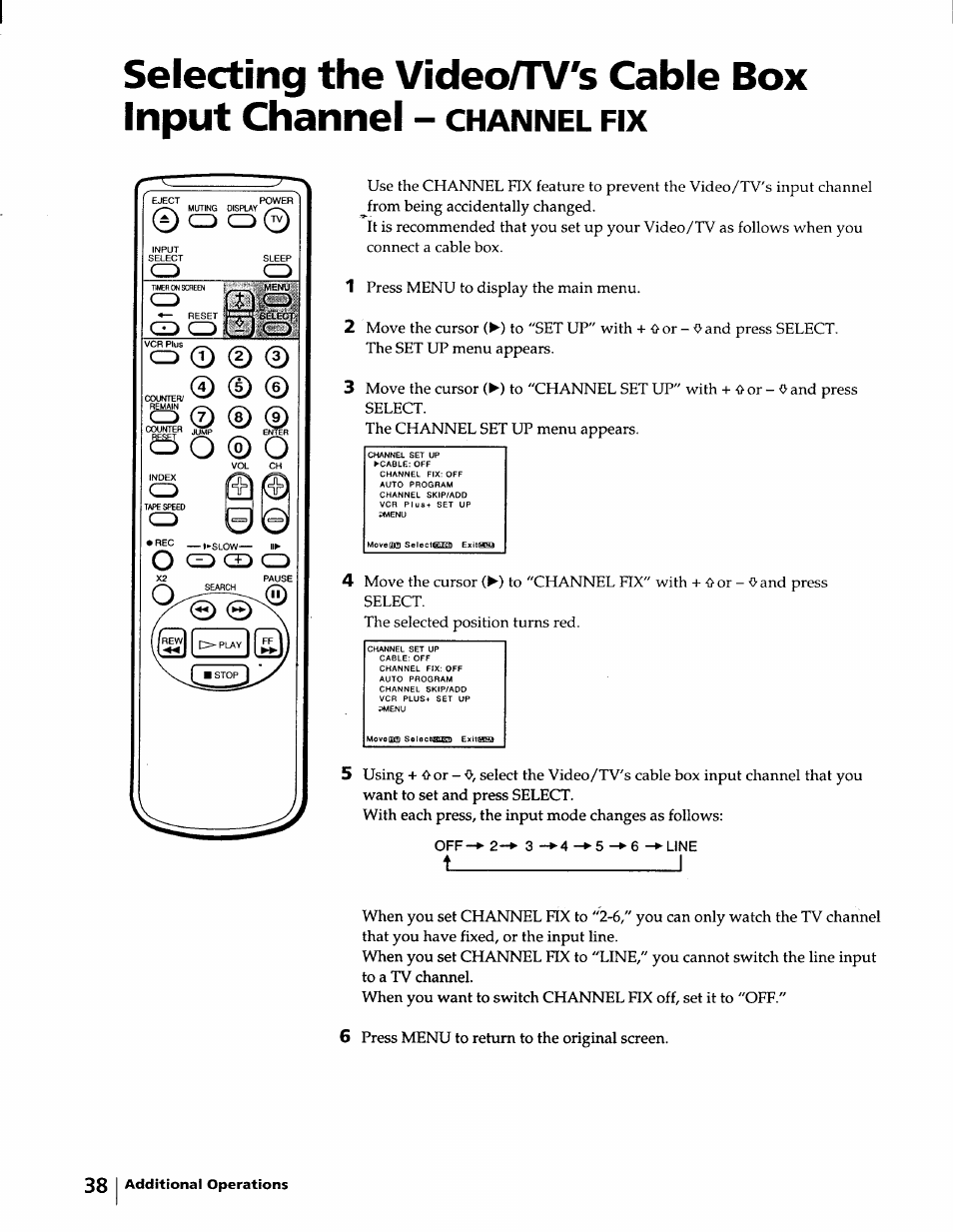 Selecting the video/tv's cable box input channel, Channel | Sony KV-20VM40 User Manual | Page 38 / 52