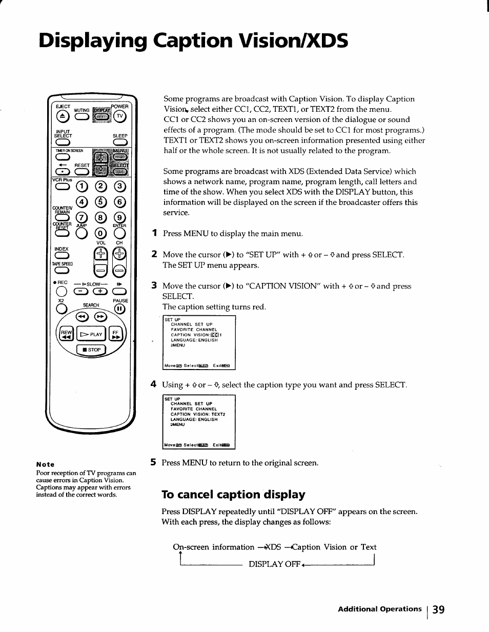 Displaying caption vision/xds, To cancel caption display | Sony KV-20VM40 User Manual | Page 39 / 52