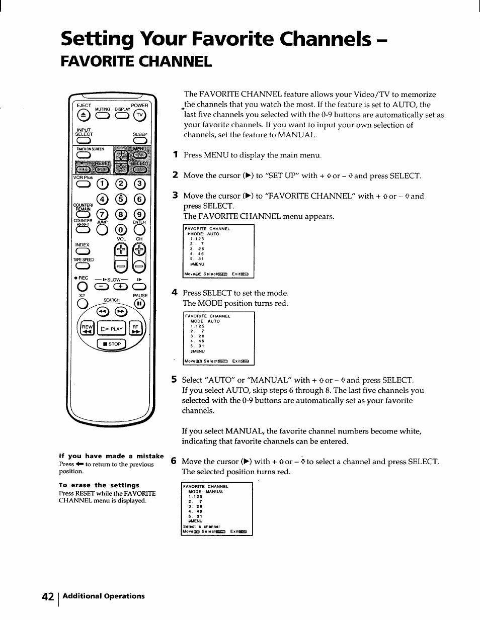 Setting your favorite channels, Favorite channel | Sony KV-20VM40 User Manual | Page 42 / 52