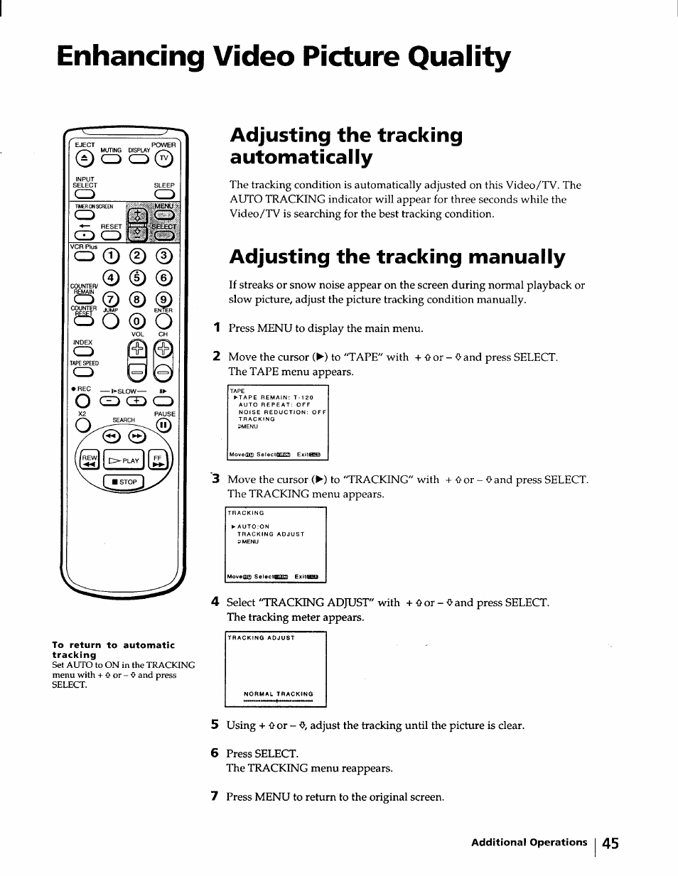 Enhancing video picture quality, Adjusting the tracking automatically, Adjusting the tracking manually | I © © o, Cd cacd, Cd cd, Cd cd lu cd cd | Sony KV-20VM40 User Manual | Page 45 / 52