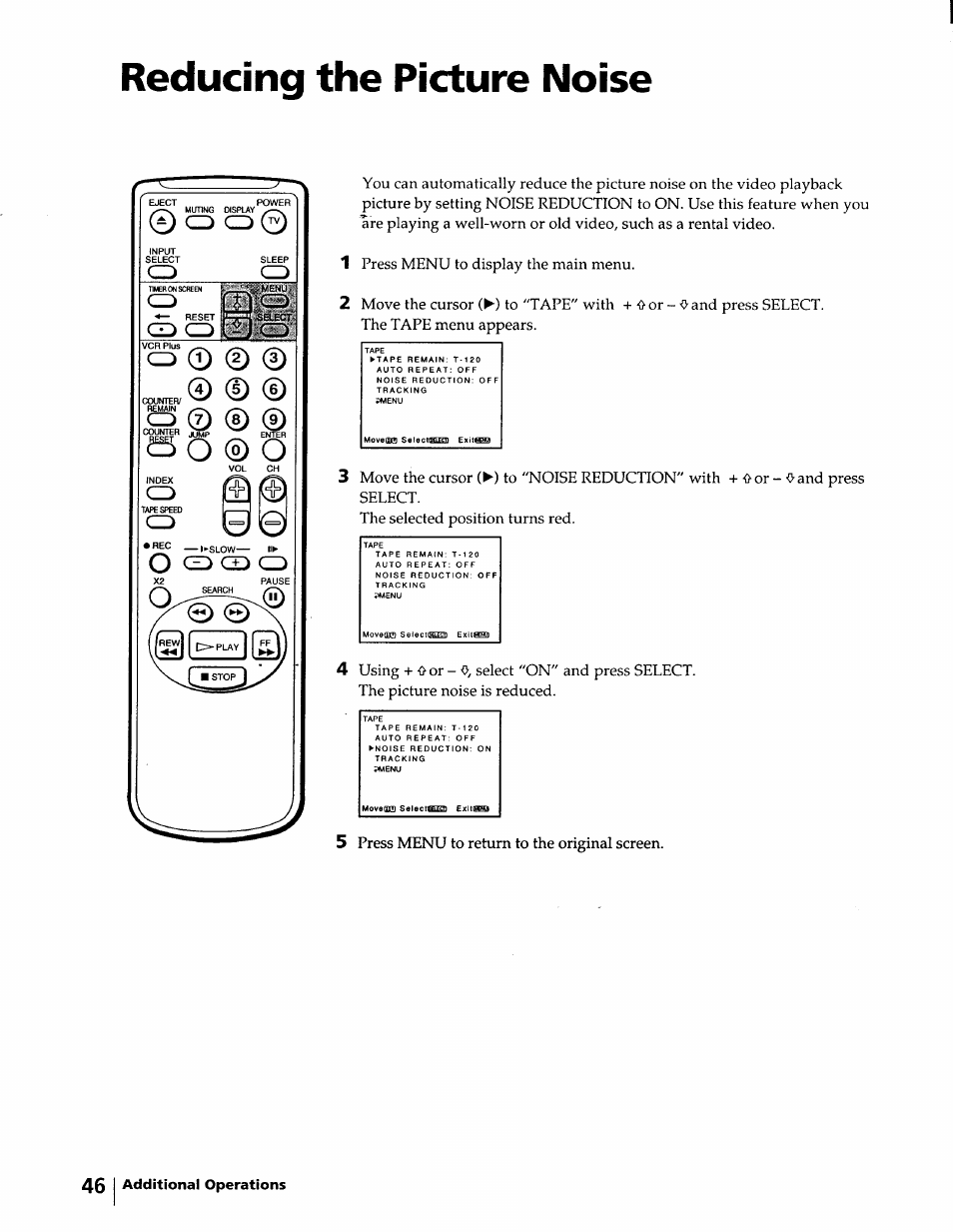 Reducing the picture noise, 5 press menu to return to the original screen | Sony KV-20VM40 User Manual | Page 46 / 52