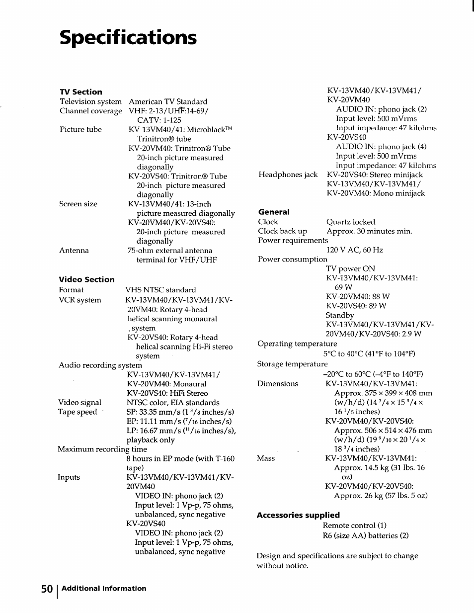 Specifications | Sony KV-20VM40 User Manual | Page 50 / 52