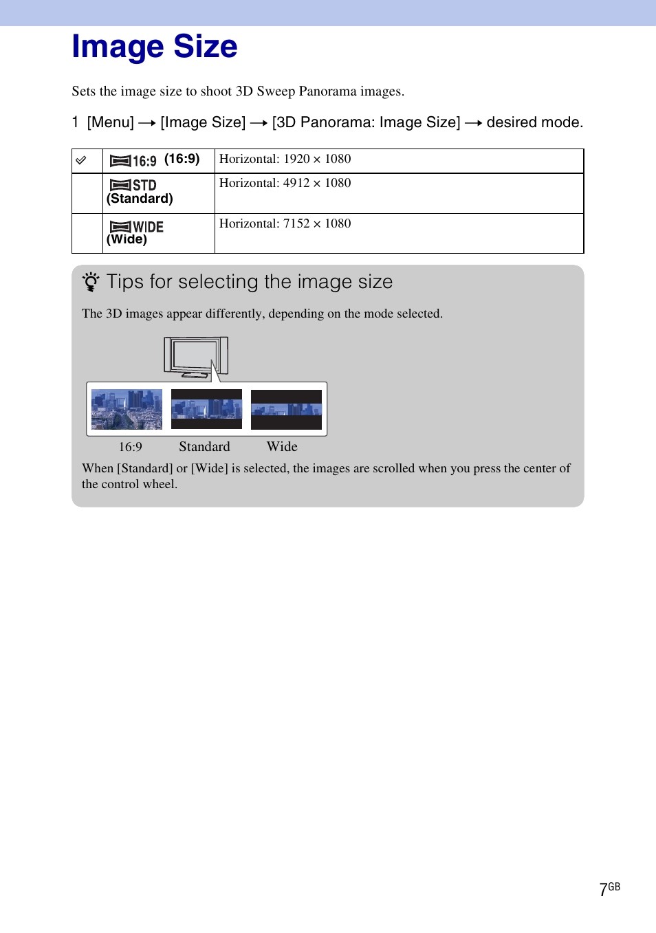 Image size, 3d panorama: image size, Tips for selecting the image size | Sony NEX-3 User Manual | Page 7 / 9