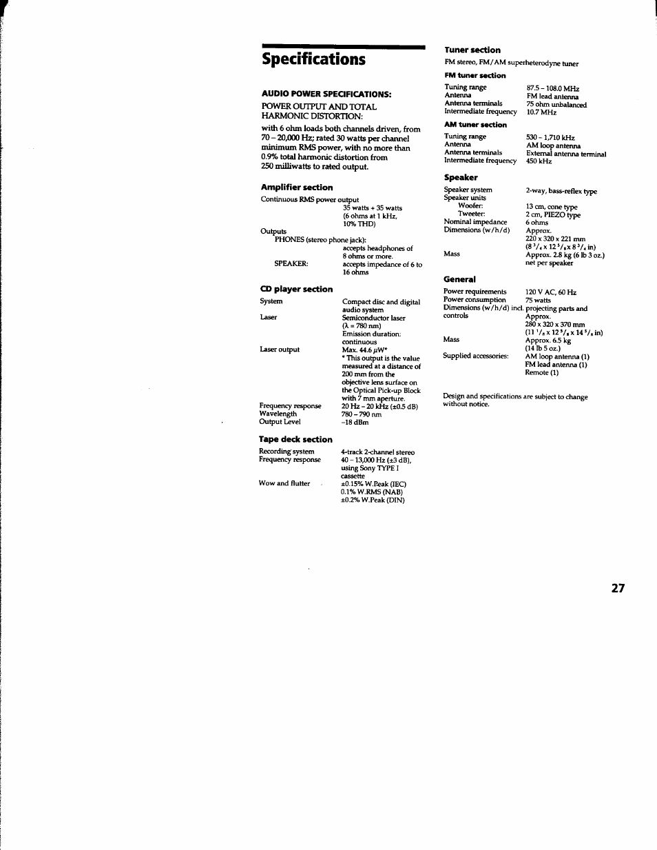 Specifications | Sony MHC-RXD2 User Manual | Page 27 / 28