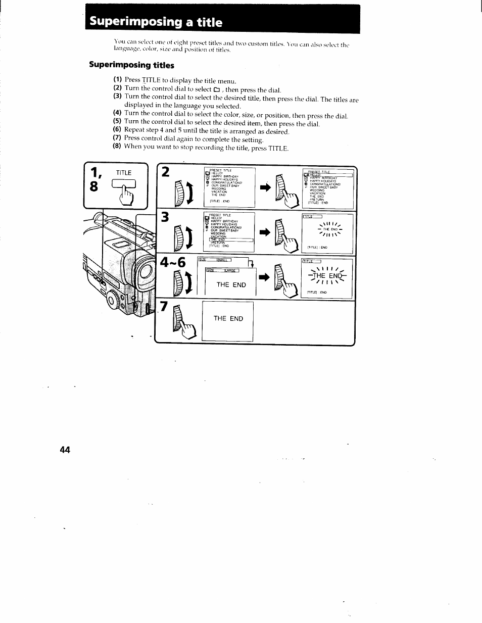 Superimposing a title, Superimposing titles | Sony CCD-TR87 User Manual | Page 42 / 77