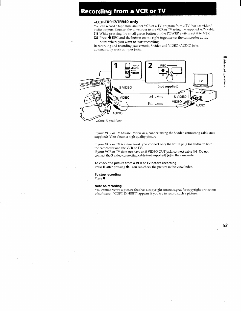 Recording from a vcr or tv, Ccd-tr917atr940 only, To stop recording | Note on recording, Ccd-tr917/tr940 only) | Sony CCD-TR87 User Manual | Page 51 / 77