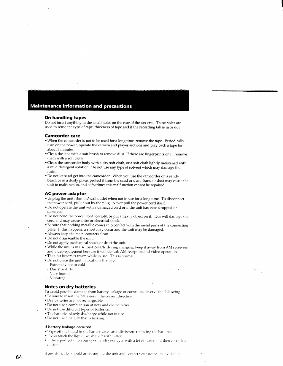 On handling tapes, Camcorder care, Ac power adaptor | Notes on dry batteries, If battery leakage occurred, Maintenance information and precautions | Sony CCD-TR87 User Manual | Page 60 / 77