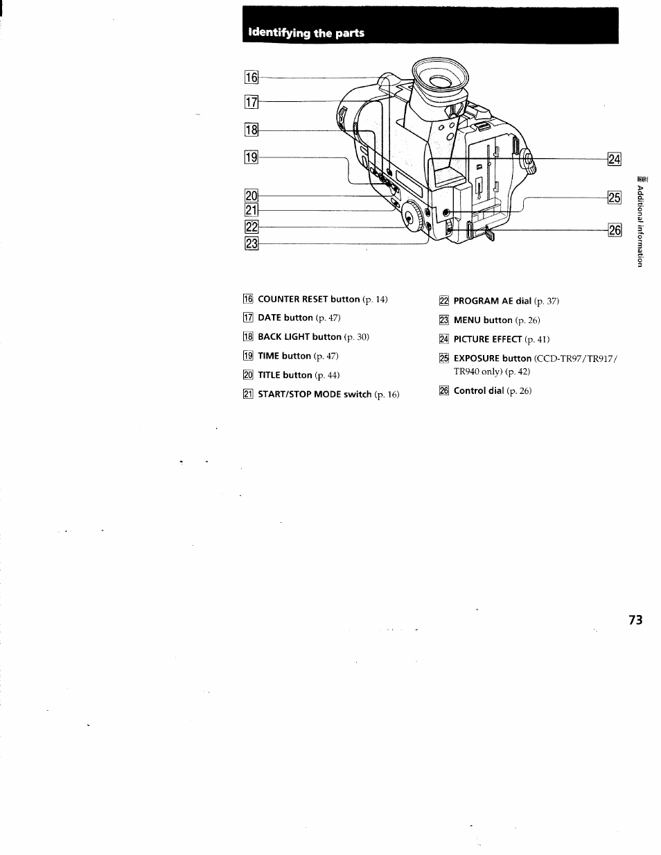 Identifying the parts | Sony CCD-TR87 User Manual | Page 69 / 77