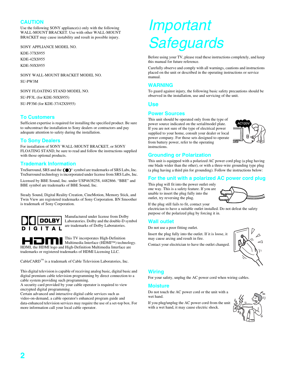 Important safeguards | Sony KDE-37XS955 User Manual | Page 4 / 128