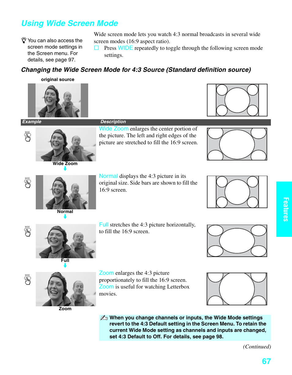 Using wide screen mode, Features | Sony KDE-37XS955 User Manual | Page 69 / 128