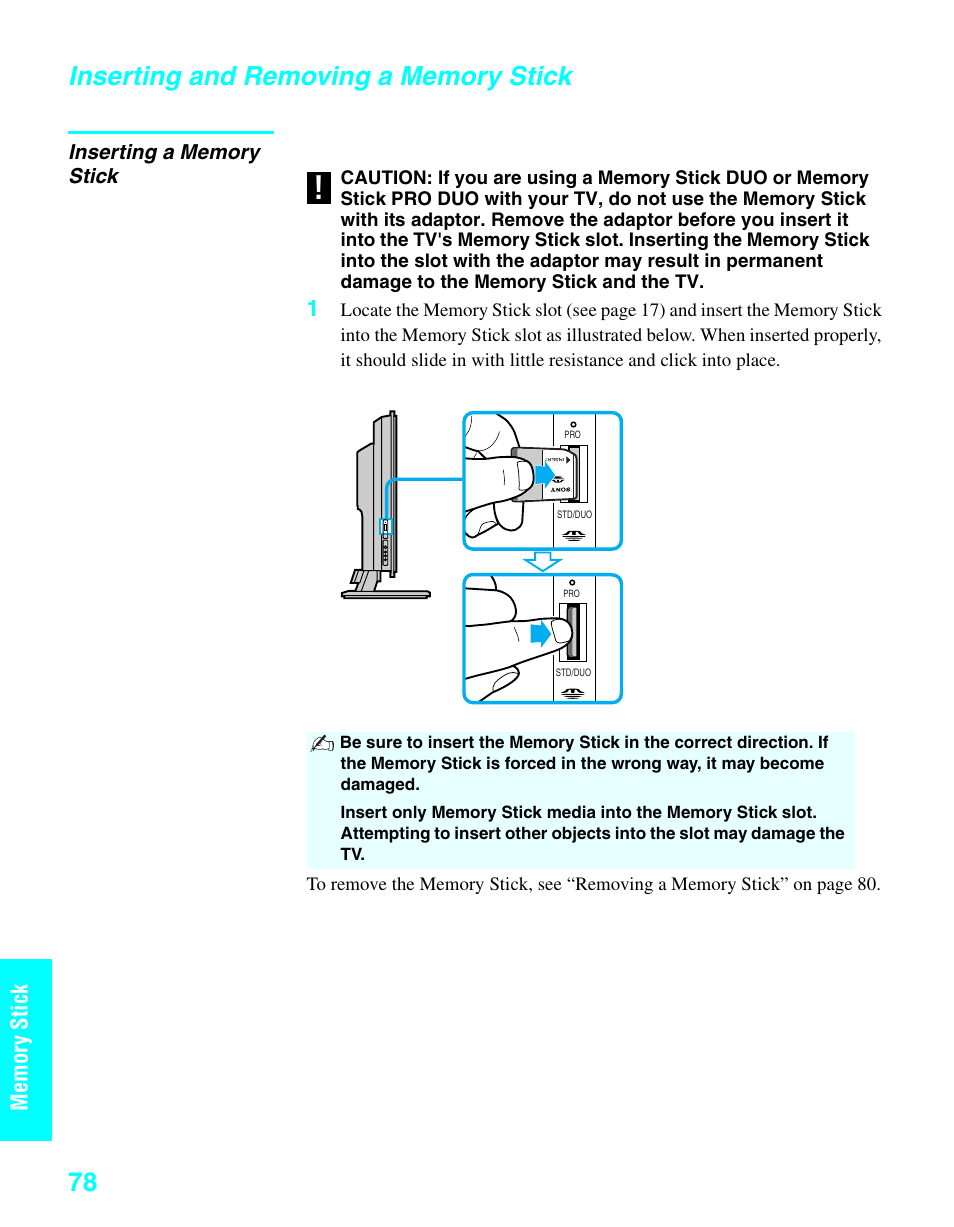 Inserting and removing a memory stick, Inserting a memory stick | Sony KDE-37XS955 User Manual | Page 80 / 128