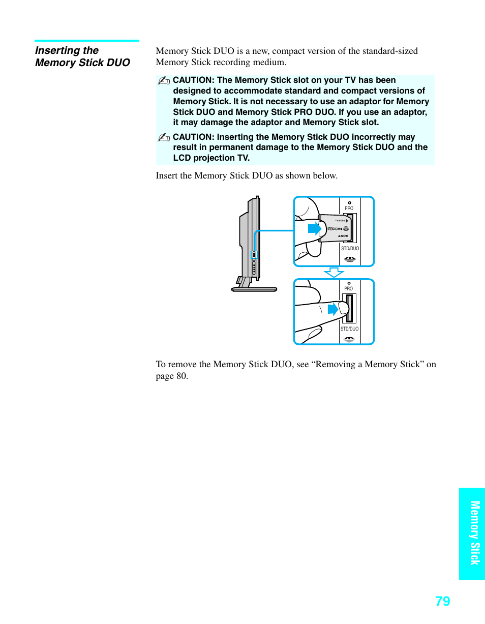Inserting the memory stick duo | Sony KDE-37XS955 User Manual | Page 81 / 128