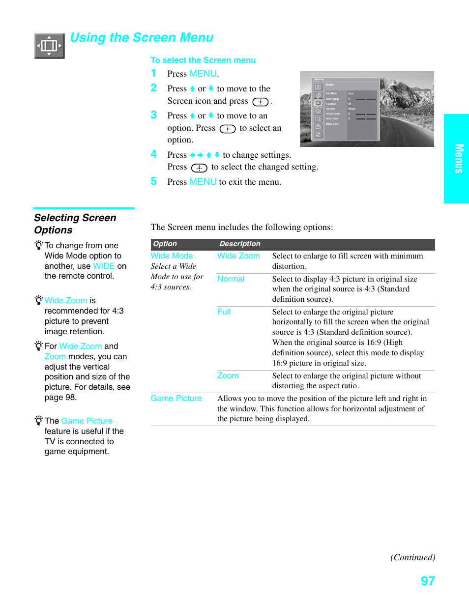 Using the screen menu, Selecting screen options, Menus | Sony KDE-37XS955 User Manual | Page 99 / 128