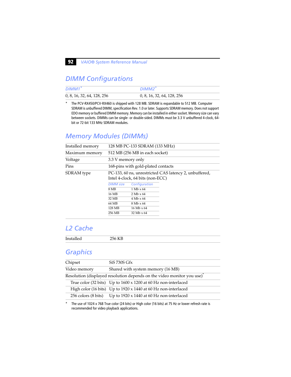 Dimm configurations, Memory modules (dimms), L2 cache | Graphics | Sony PCV-RX460 User Manual | Page 106 / 114