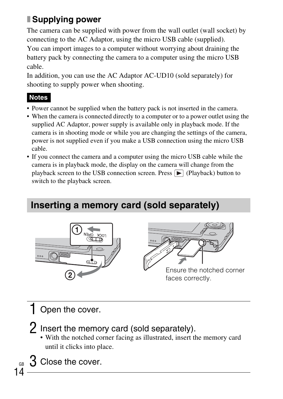 Inserting a memory card (sold separately) | Sony DSC-WX50 User Manual | Page 14 / 64