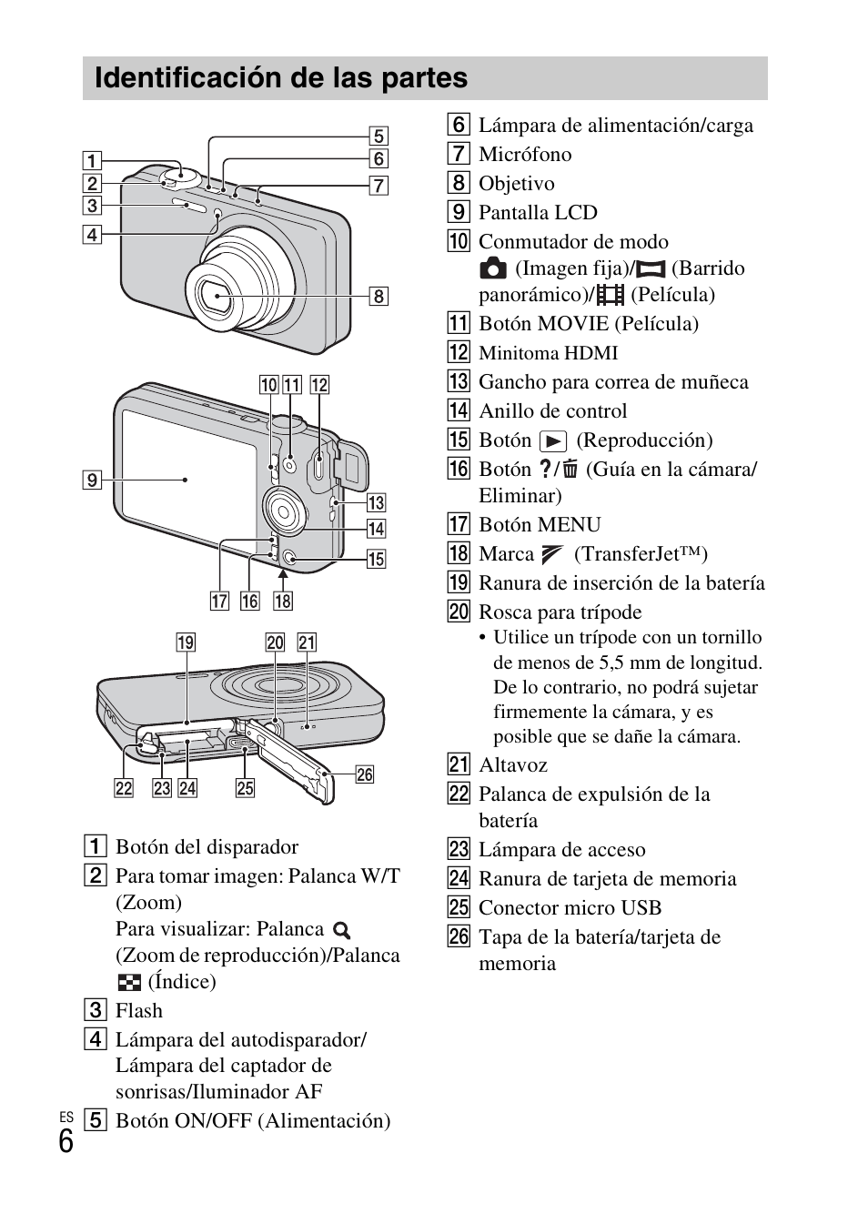 Identificación de las partes | Sony DSC-WX50 User Manual | Page 36 / 64