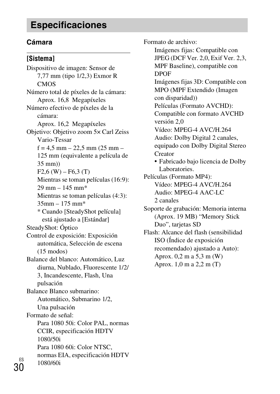 Especificaciones | Sony DSC-WX50 User Manual | Page 60 / 64
