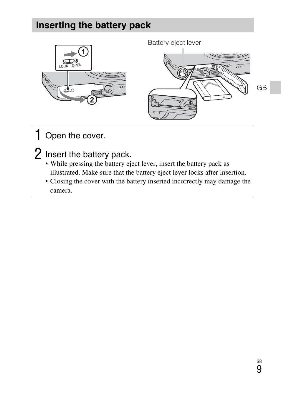 Inserting the battery pack | Sony DSC-WX50 User Manual | Page 9 / 64
