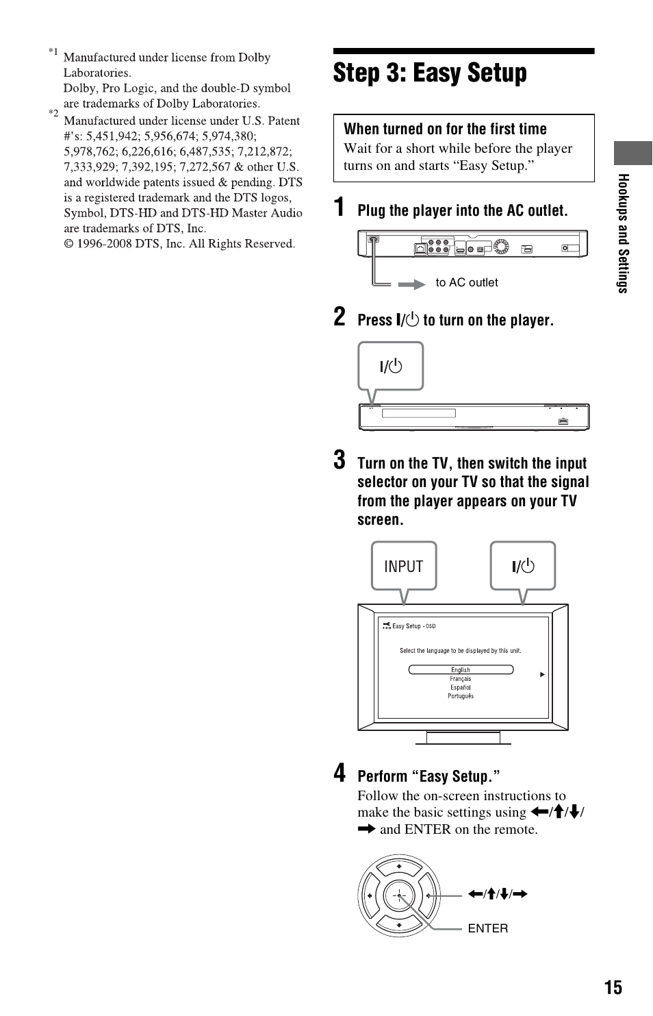 Step 3: easy setup, Step 3: easy setup 1 | Sony BDP-S1700ES User Manual | Page 15 / 39