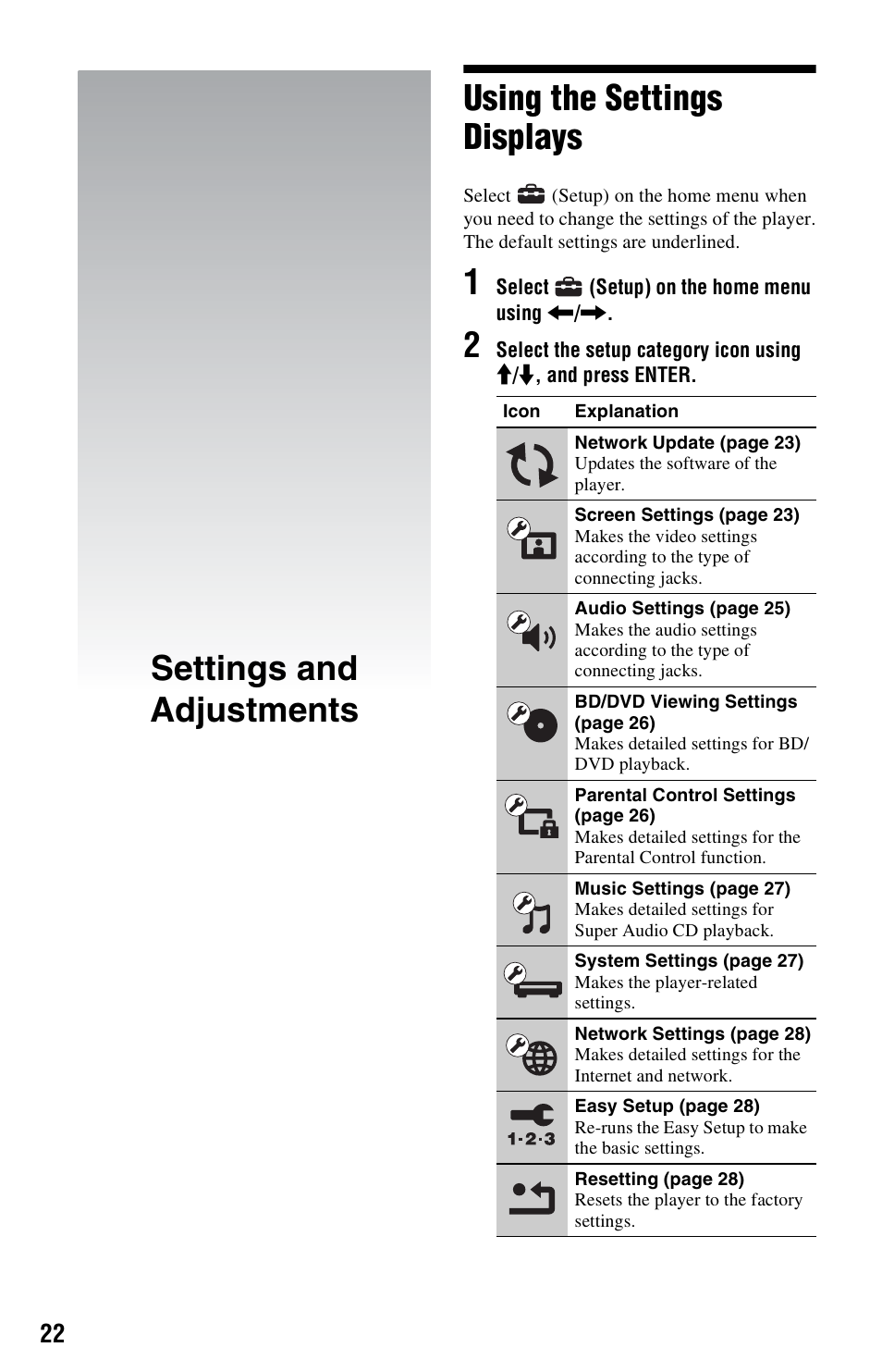 Settings and adjustments, Using the settings displays | Sony BDP-S1700ES User Manual | Page 22 / 39