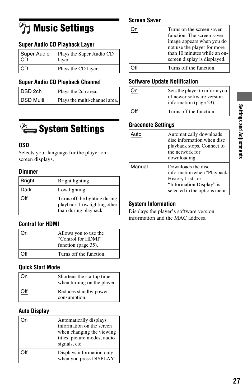 Music settings, System settings, Music settings system settings | Sony BDP-S1700ES User Manual | Page 27 / 39