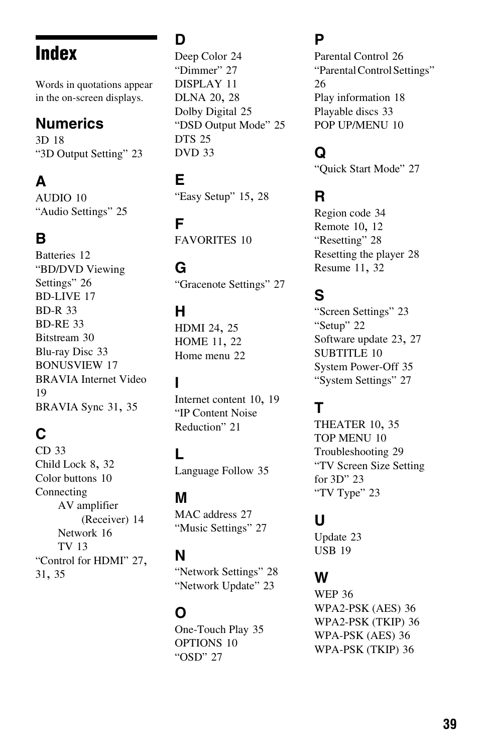 Index, Numerics | Sony BDP-S1700ES User Manual | Page 39 / 39