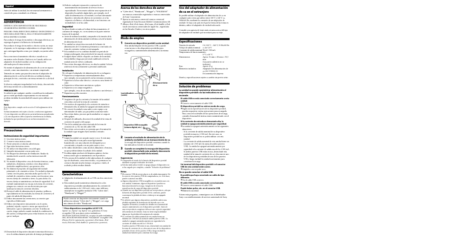 Advertencia, Precauciones, Características | Acerca de los derechos de autor, Modo de empleo, Especificaciones, Solución de problemas | Sony AC-UD20 User Manual | Page 2 / 2