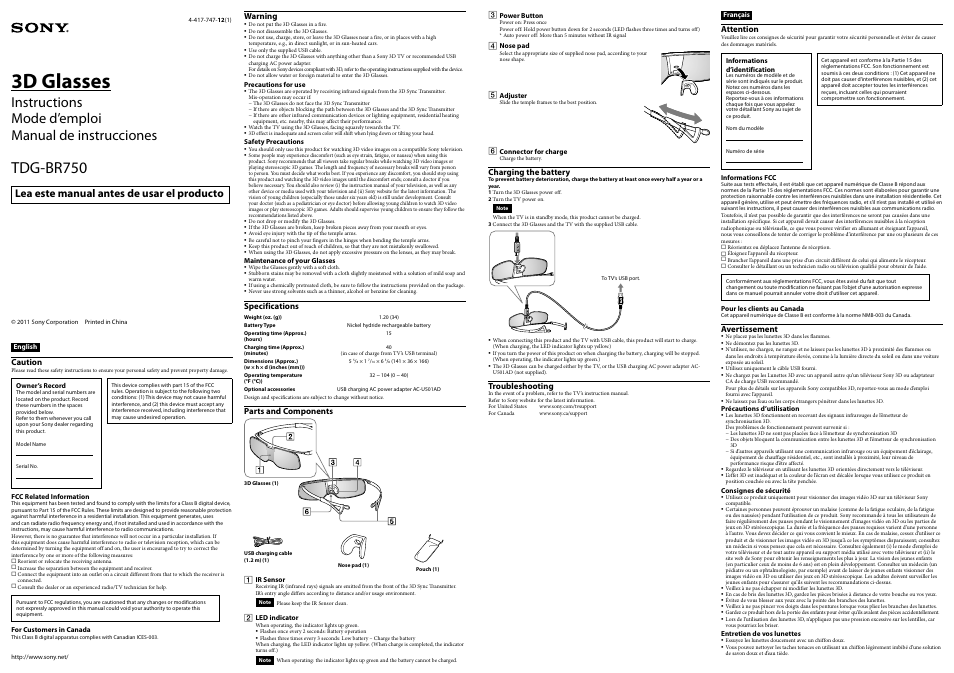 Sony TDG-BR750 User Manual | 2 pages