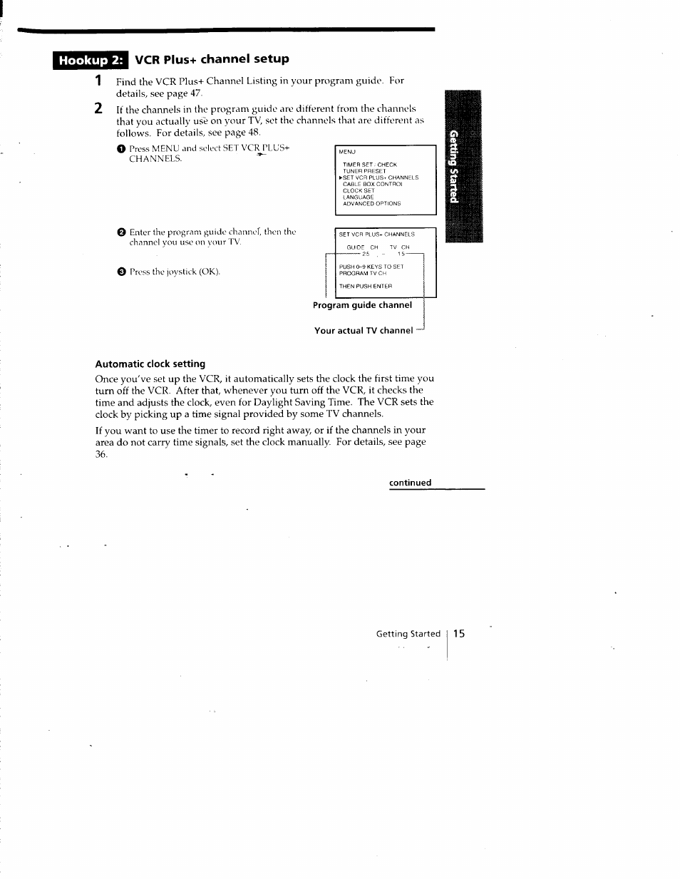 Vcr plus+ channel setup, Program guide channel, Your actual tv channel | Automatic clock setting, Continued, Hookup 2: vcr plus+ channel setup | Sony SLV-788HF User Manual | Page 15 / 88