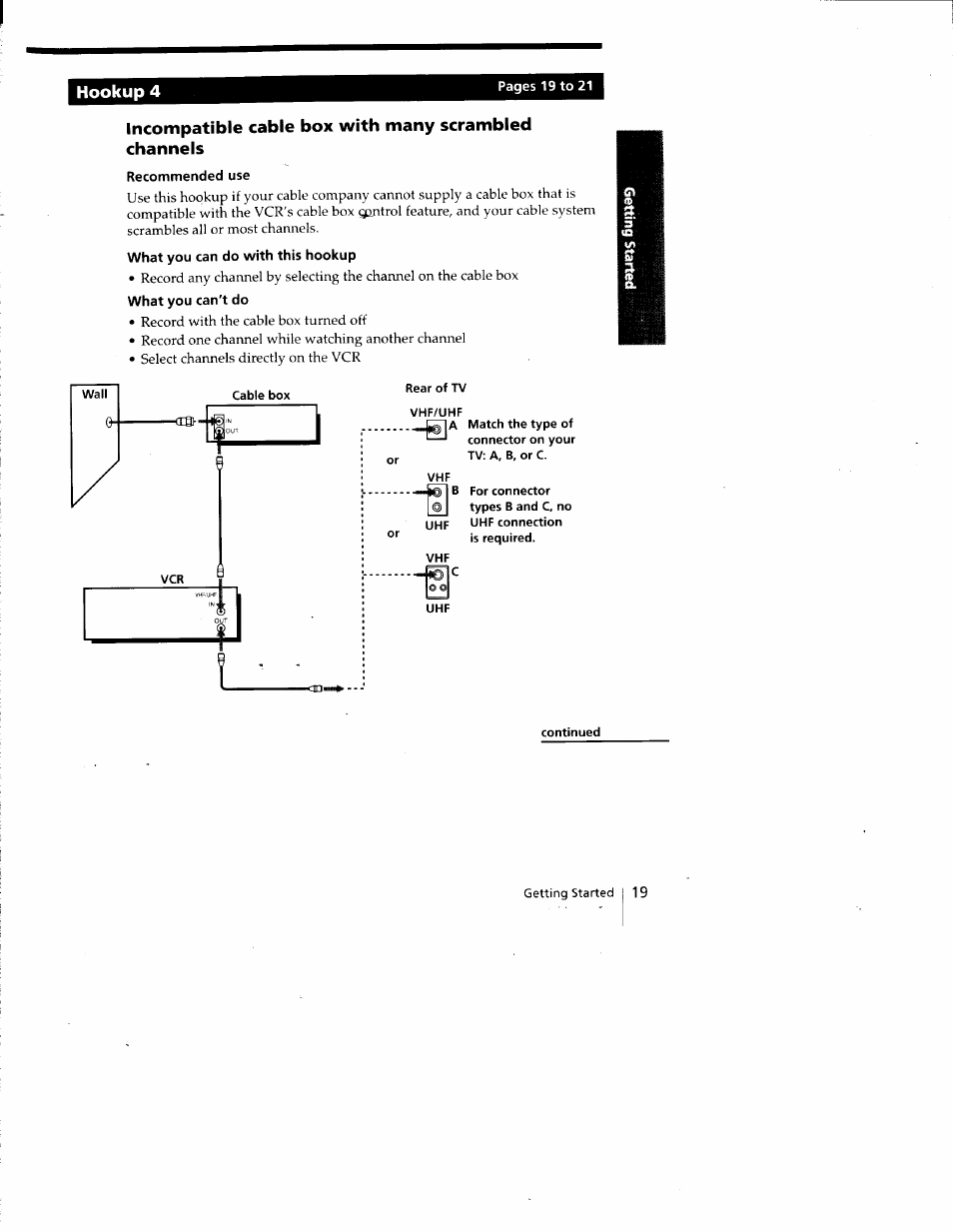 Hookup 4, Recommended use, What you can do with this hookup | What you can't do, Cable box, Rear of tv vhf/uhf, Continued | Sony SLV-788HF User Manual | Page 19 / 88