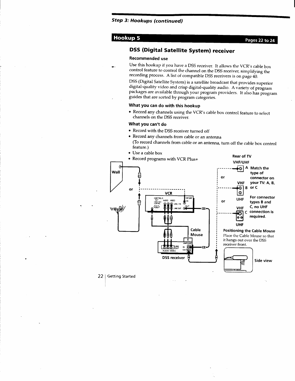 Hookup 5, Dss (digital satellite system) receiver, Recommended use | What you can do with this hookup, What you can't do | Sony SLV-788HF User Manual | Page 22 / 88