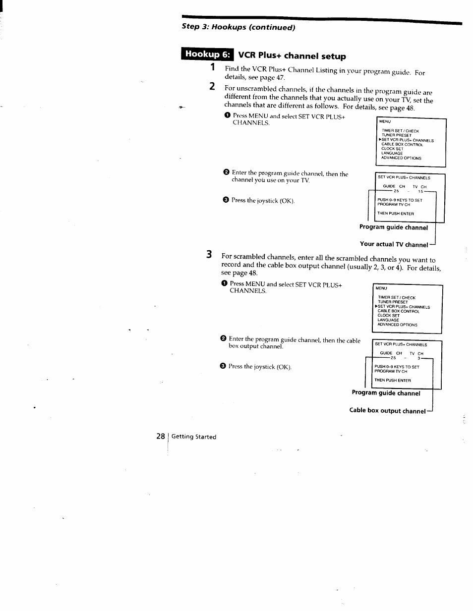 Vcr plus+ channel setup, Program guide channel, Your actual tv channel | Cable box output channel, Hookup 6: vcr plus+ channel setup | Sony SLV-788HF User Manual | Page 28 / 88