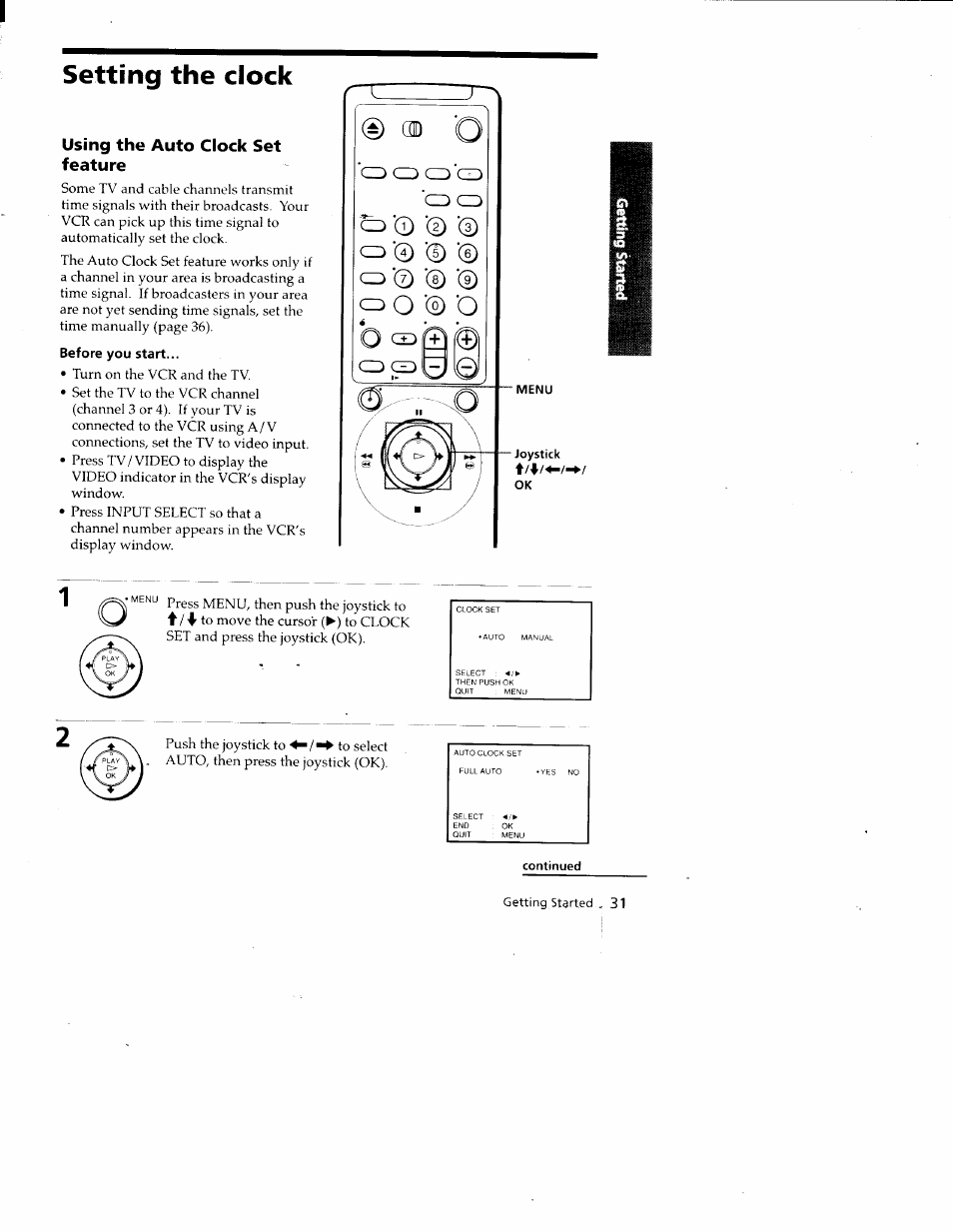 Setting the clock, Using the auto clock set feature, Continued | Sony SLV-788HF User Manual | Page 31 / 88