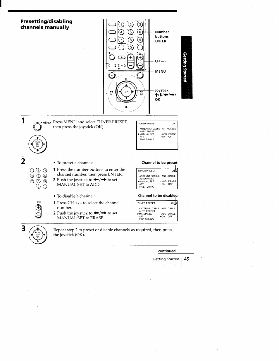 Presetting/disabling channels manually, Number, Enter | Continued | Sony SLV-788HF User Manual | Page 45 / 88