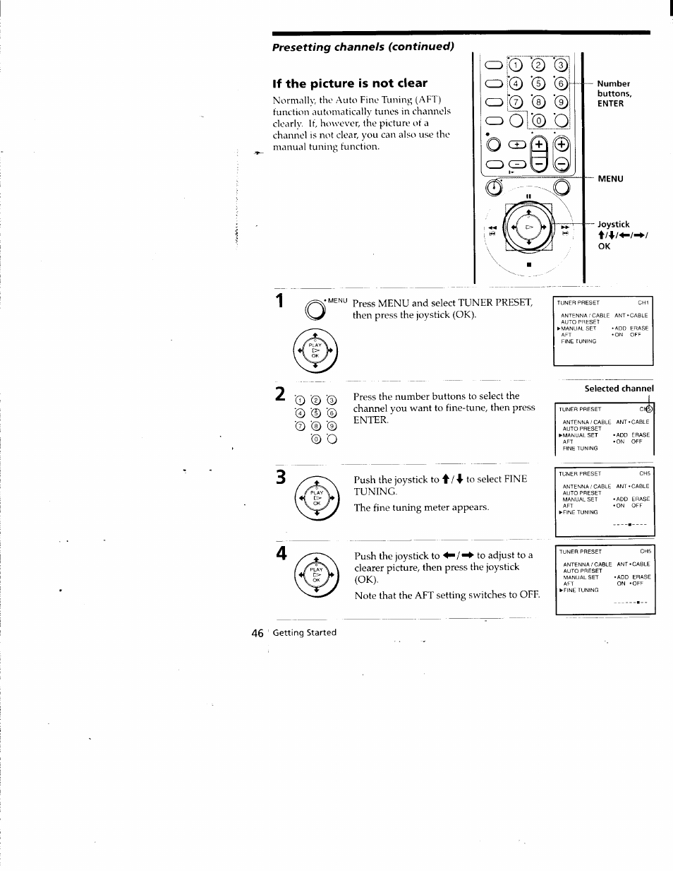 If the picture is not clear, Selected channel, Presetting channels (continued) | Sony SLV-788HF User Manual | Page 46 / 88