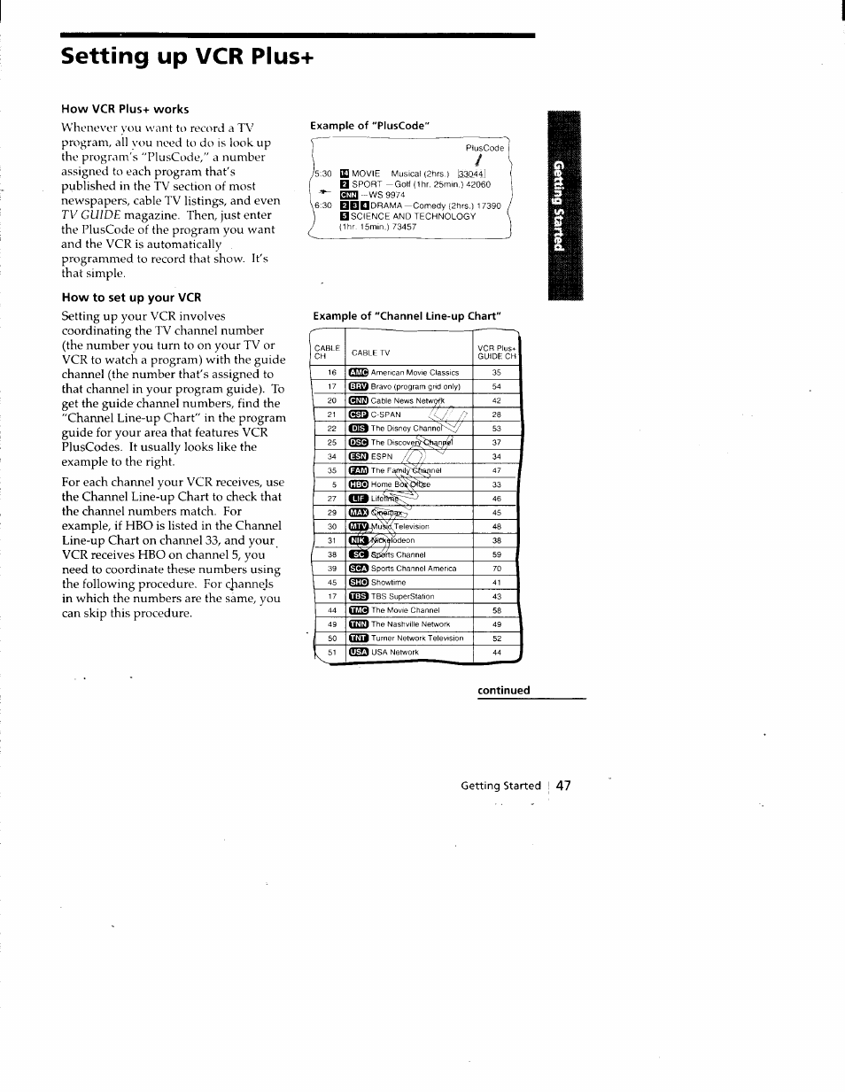 Setting up vcr plus, How vcr plus+ works, How to set up your vcr | Example of "pluscode, Continued | Sony SLV-788HF User Manual | Page 47 / 88