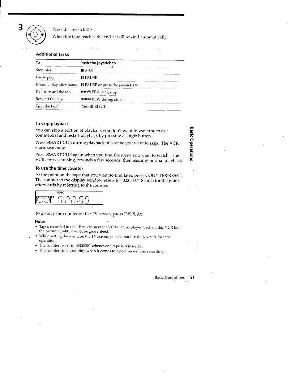 Additional tasks, Push the joystick to, To skip playback | To use the time counter, Notes | Sony SLV-788HF User Manual | Page 51 / 88