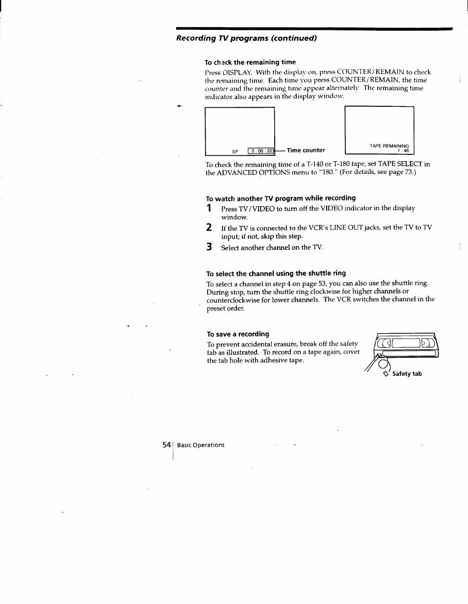 To chack the remaining time, To watch another tv program while recording, To select the channel using the shuttle ring | To save a recording | Sony SLV-788HF User Manual | Page 54 / 88