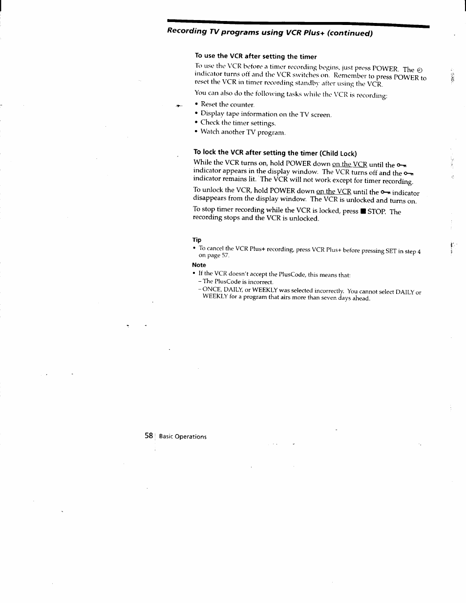 To use the vcr after setting the timer, Note | Sony SLV-788HF User Manual | Page 58 / 88