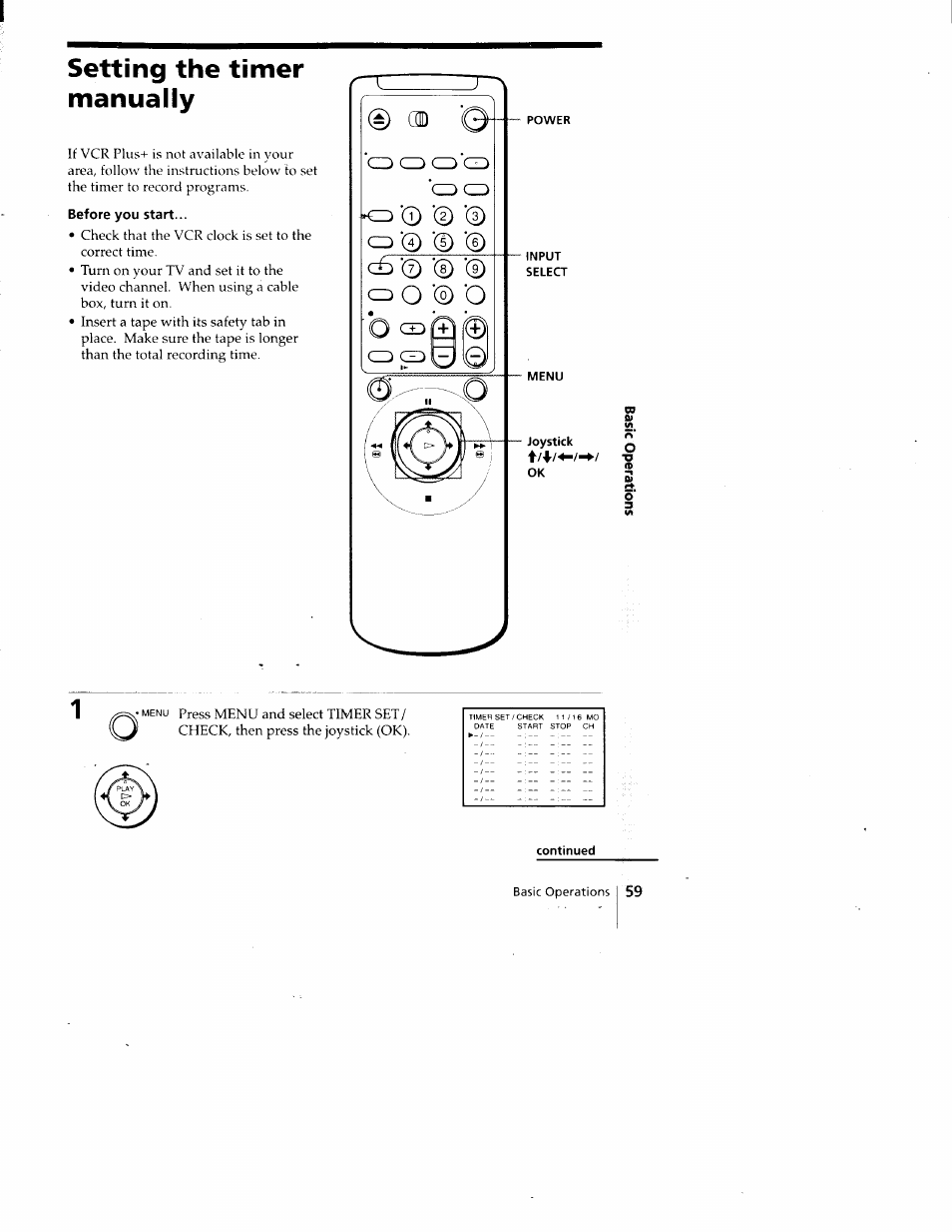 Setting the timer manually, Before you start, Continued | Sony SLV-788HF User Manual | Page 59 / 88