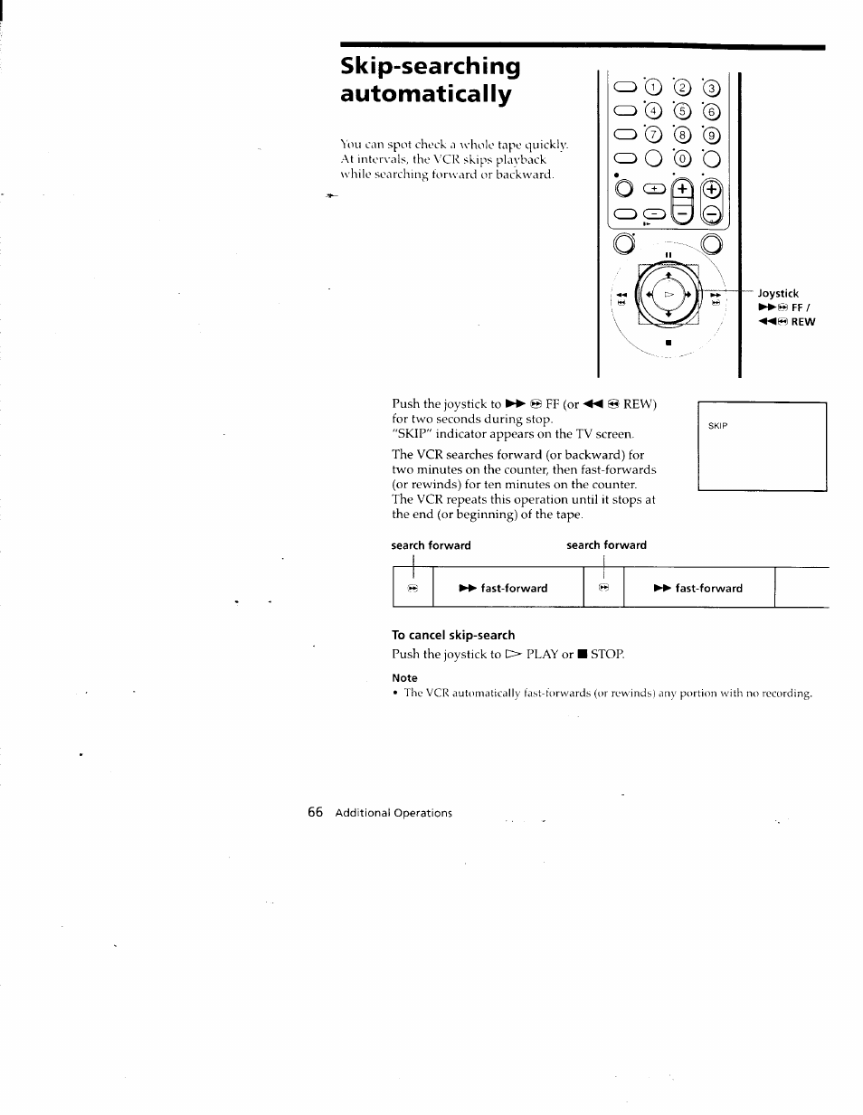 Skip-searching, Automatically, Search forward | Fast-forward, To cancel skip-search, Note, Q o ‘0 o, Skip-searching automatically | Sony SLV-788HF User Manual | Page 66 / 88