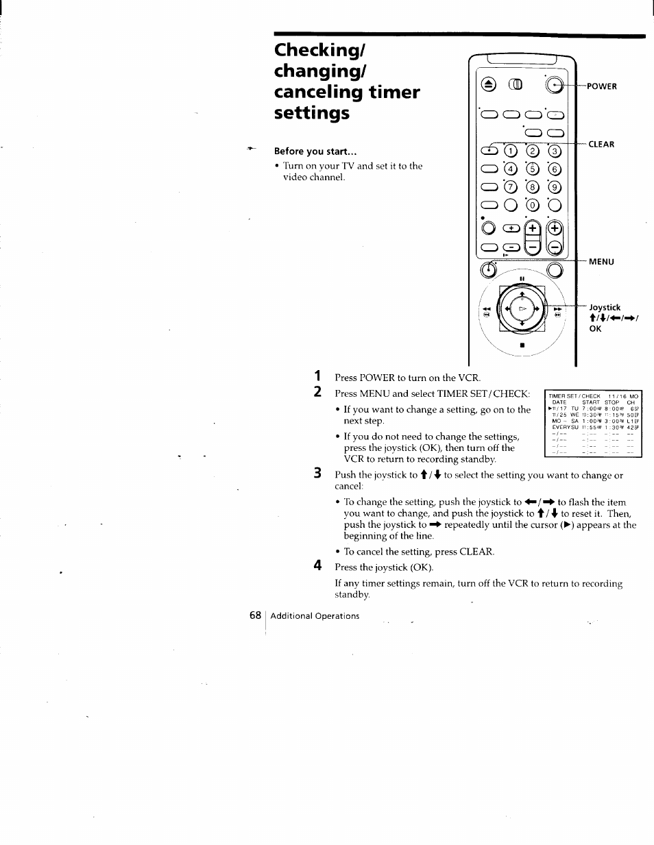 Before you start, Checking/ changing/ canceling timer settings | Sony SLV-788HF User Manual | Page 68 / 88