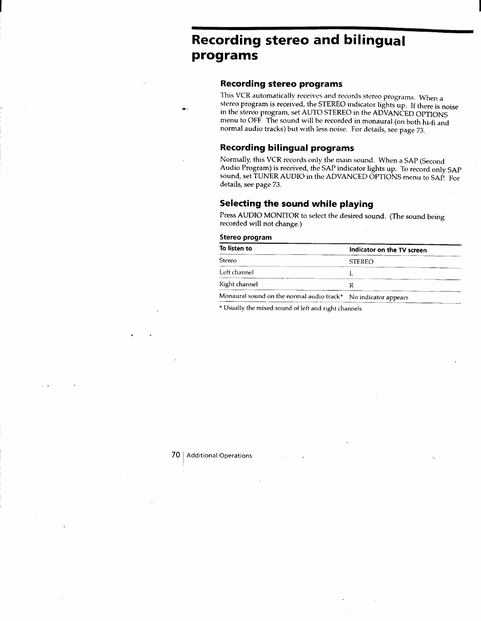 Recording stereo and bilingual programs, Recording stereo programs, Recording bilingual programs | Selecting the sound while playing, Stereo program | Sony SLV-788HF User Manual | Page 70 / 88