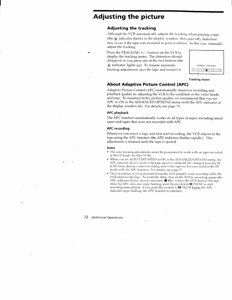 Adjusting the picture, Adjusting the tracking, Tracking meter | About adaptive picture control (apc), Apc playback, Apc recording, Notes | Sony SLV-788HF User Manual | Page 72 / 88