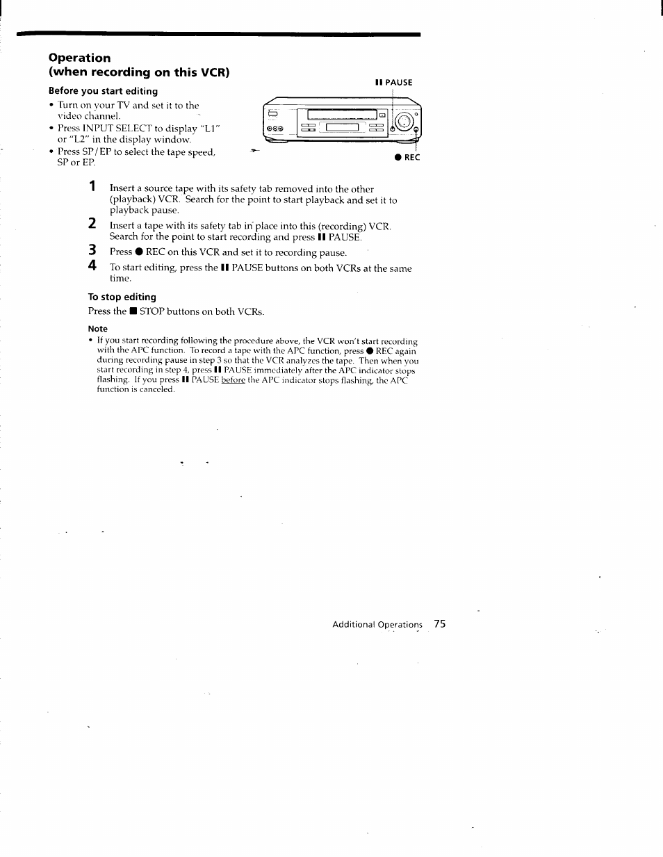 Operation, When recording on this vcr), Before you start editing | To stop editing | Sony SLV-788HF User Manual | Page 75 / 88