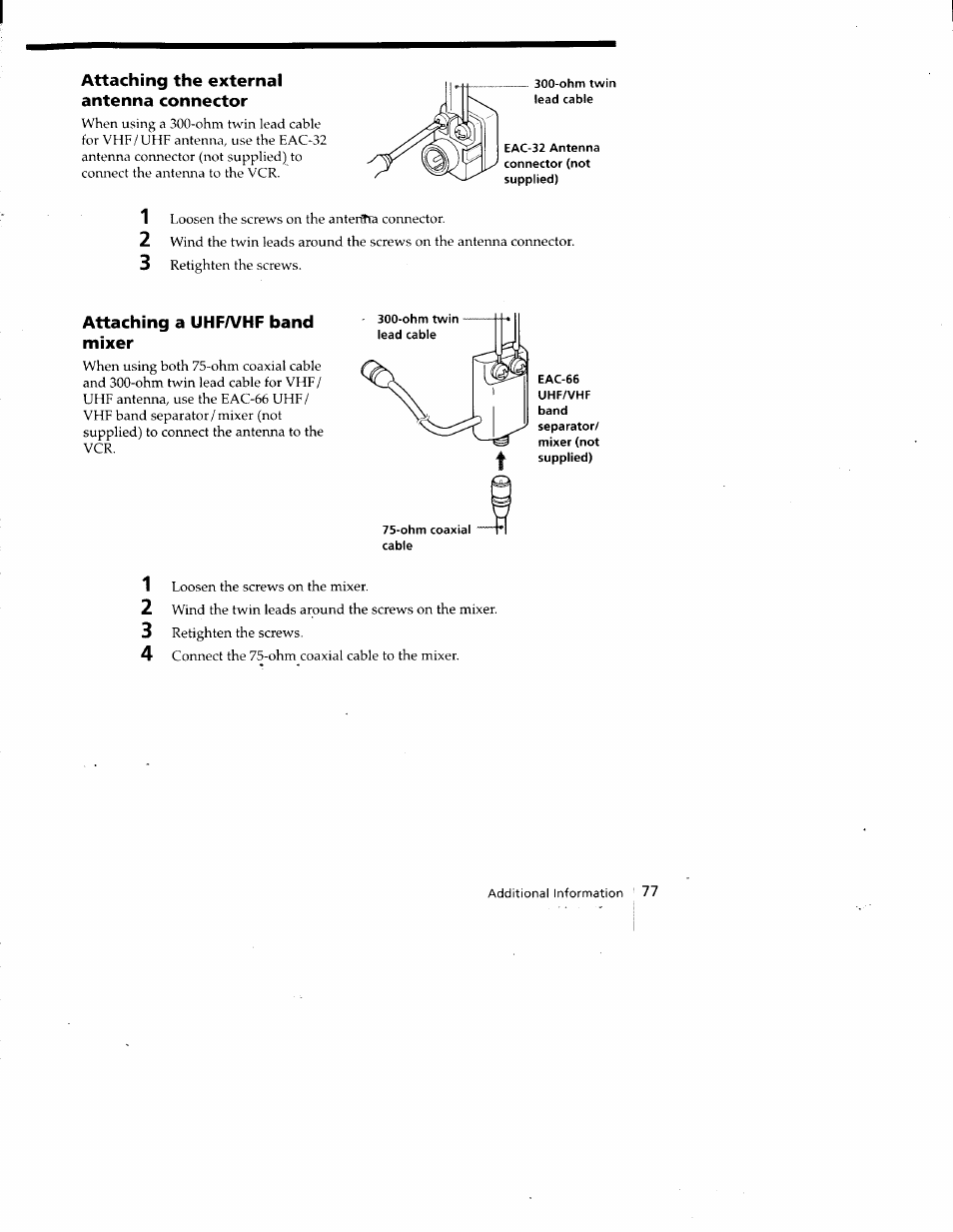 Attaching the external antenna connector, Attaching a uhfaahf band mixer, Ohm coaxial cable | Sony SLV-788HF User Manual | Page 77 / 88